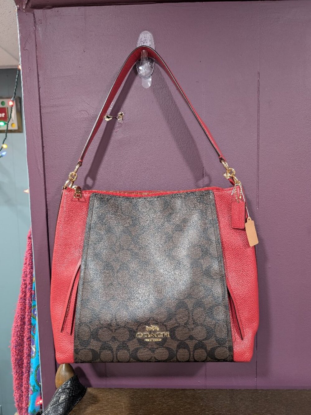 Coach Marlon Hobo Bag In Brown Signature Canvas with Red Leather Shoulder Bag